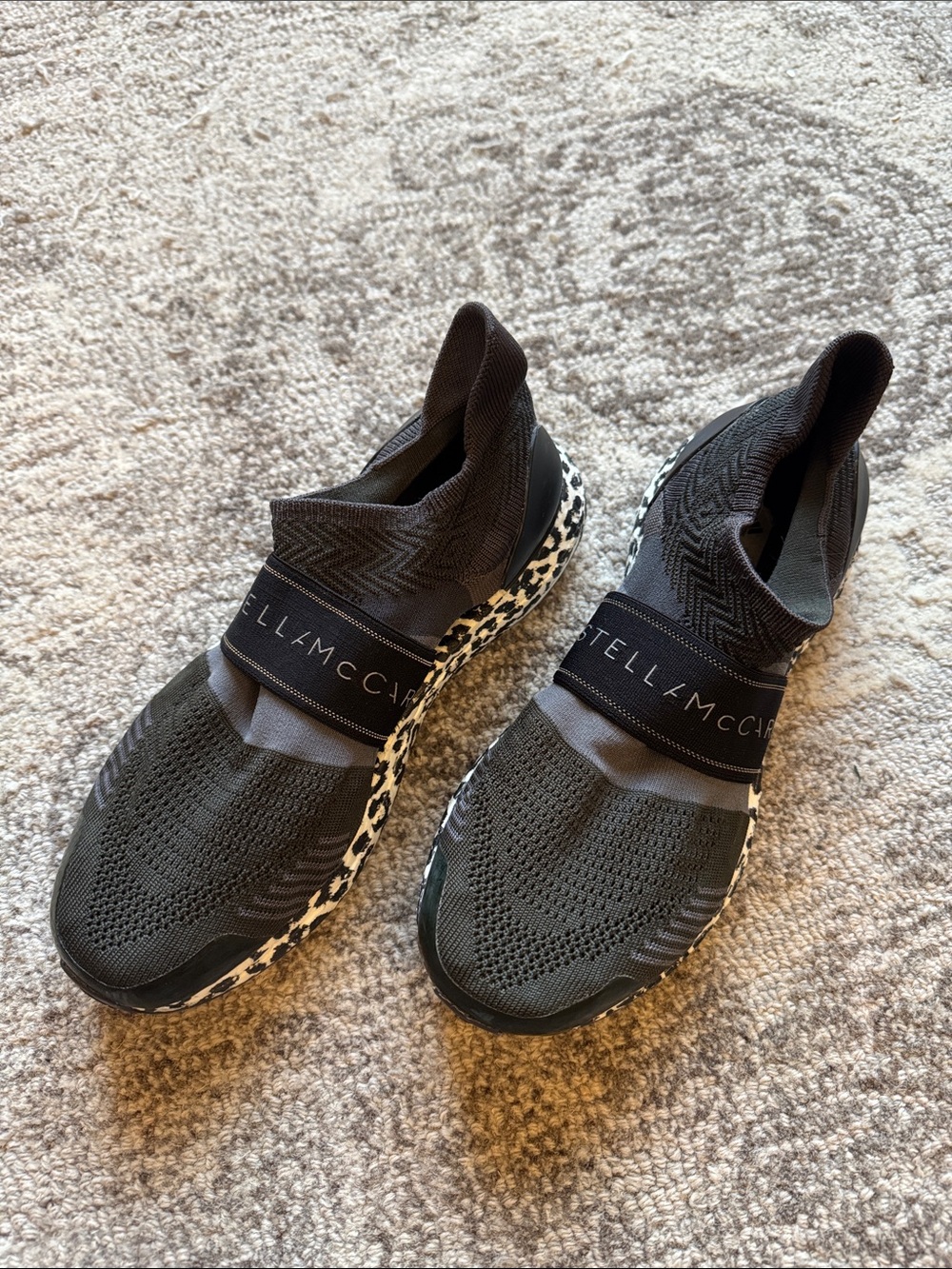 Stella McCartney Black Knit Slip-On Sneakers with Leopard Print Midsole size 7